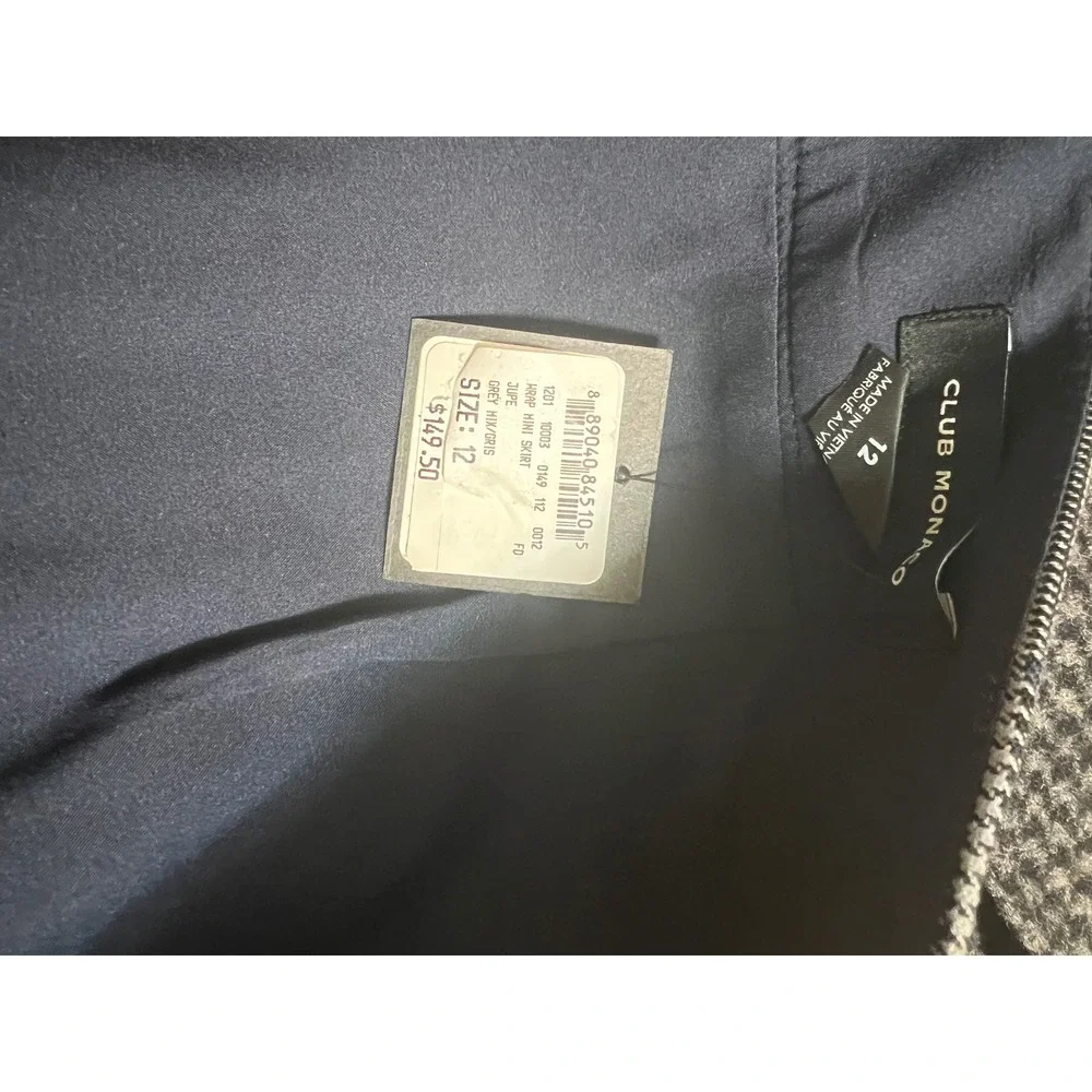 Club Monaco Grey Blue Glen Plaid Buckle Wrap Mini Skirt Asymmetrical Hem Size 12 - Picture 10 of 11